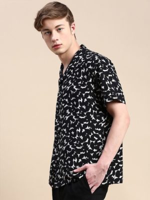 Printed Cuban Collar Monochrome Cotton Casual Shirt