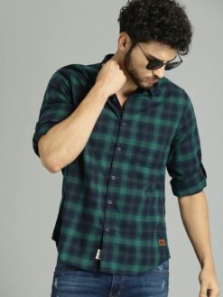 Men Green & Navy Blue Checked Casual Sustainable Shirt
