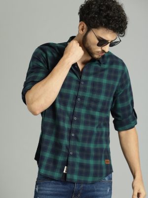 Men Green & Navy Blue Checked Casual Sustainable Shirt