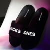 Jack & Jones Men's Brand Print Open Toe Slides - Black