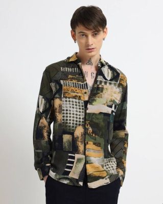 Club Men Printed Slim Fit Shirt - Olive