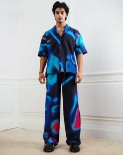 Men Holographic Print Shirt & Pants Co-Ord Set
