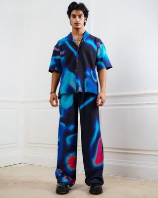 Men Holographic Print Shirt & Pants Co-Ord Set