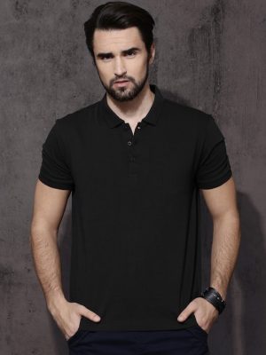 Men Black Polo Collar Pure Cotton T-Shirt