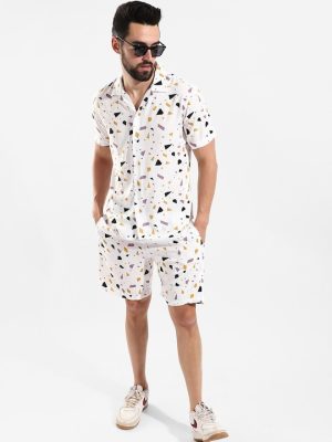 Men White & Purple Printed T-shirt with Shorts