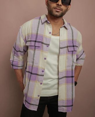 Purple and White Checks Oversize Drop Shoulder Shirt