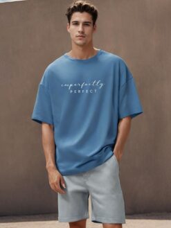 Typography Printed Round Neck Applique Oversized T-shirt