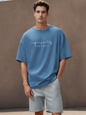 Typography Printed Round Neck Applique Oversized T-shirt
