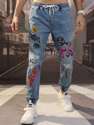 Men Blue Printed Highly Distress Jogger stretchable Jeans