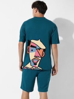 Teal Blue Printed Oversized T-Shirt & Shorts