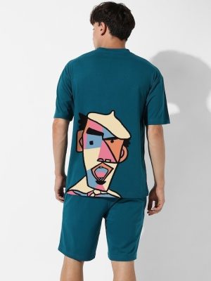 Teal Blue Printed Oversized T-Shirt & Shorts
