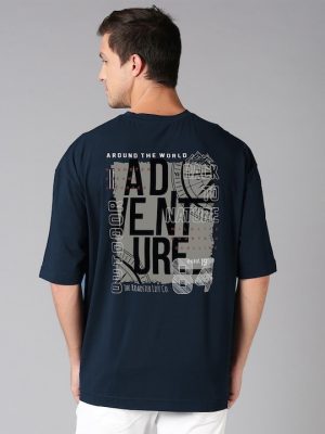 Navy Blue Typography Printed Pure Cotton Oversized T-shirt