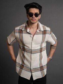White India Slim Tartan Checked Cuban Collar Short Sleeves Shacket