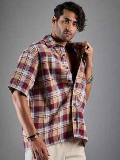 Oversized Tartan Checked Spread Collar Casual Shirt