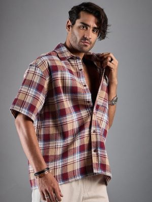 Oversized Tartan Checked Spread Collar Casual Shirt