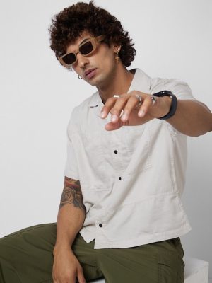 Club Collar Short Sleeves Cropped Cotton Oversized Casual Shirt