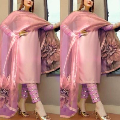 Attractive Mirror Work Organza Kurti with Pant Set