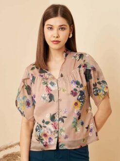Beige Floral Print Petal Sleeves Shirt Style Top