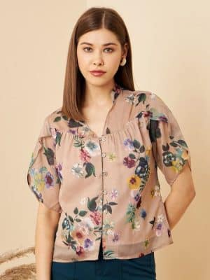 Beige Floral Print Petal Sleeves Shirt Style Top