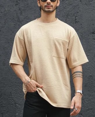 Beige Structured Half Sleeves Oversized T-Shirt