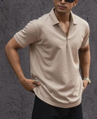 Beige Structured Half Sleeves Zipper T-Shirt