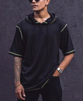 Black Contrast Stitch Oversized Half Sleeves Hoodie Sweatshirt