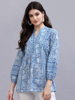 Blue Print Mandarin Collar Empire Pure Cotton Longline Top