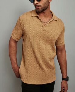 Camel Structured Polo Neck Half Sleeves T-Shirt