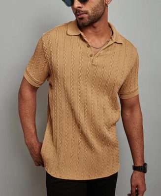 Camel Structured Polo Neck Half Sleeves T-Shirt
