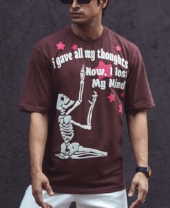 Coffee Brown Printed Oversized Half Sleeves T-Shirt