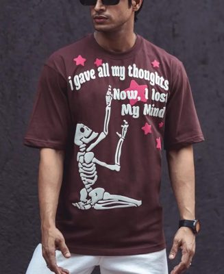 Coffee Brown Printed Oversized Half Sleeves T-Shirt