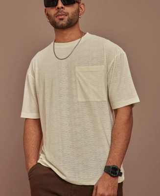 Cream Structured Oversized Half Sleeves T-Shirt