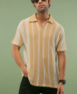 Cream and White Crochet Striped Half Sleeves T-Shirt