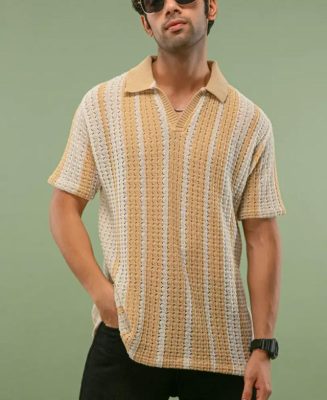 Cream and White Crochet Striped Half Sleeves T-Shirt