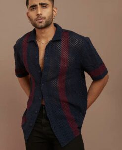 Dark Blue and Maroon Crochet Knit Striped Oversized Shirt