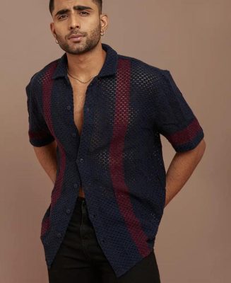 Dark Blue and Maroon Crochet Knit Striped Oversized Shirt