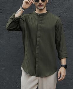Dark Green Striped Full Sleeves Shirt