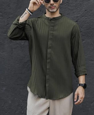 Dark Green Striped Full Sleeves Shirt