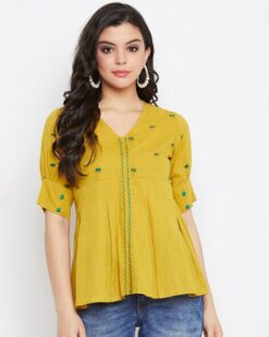 Yellow Embroidered V-Neck Top