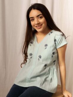 Floral Embroidered Gathered V-Neck Cotton A-Line Top