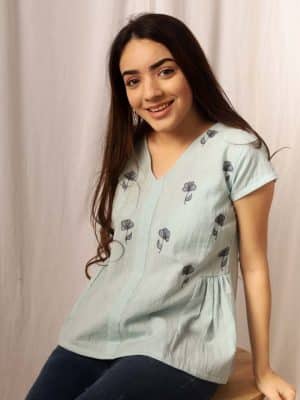 Floral Embroidered Gathered V-Neck Cotton A-Line Top