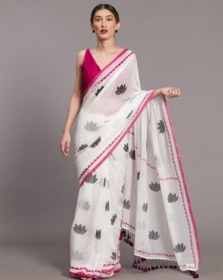 Floral Print Cotton Saree with Tassels