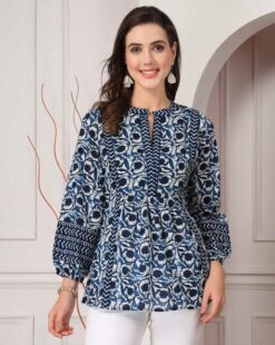 Navy Floral Print Cotton Top