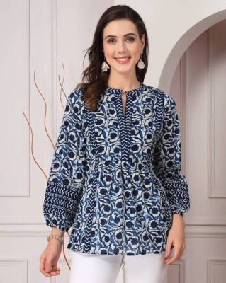 Navy Floral Print Cotton Top