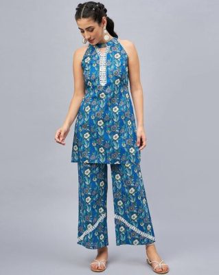 Floral Print Halter Neck Tunic with Palazzos Set