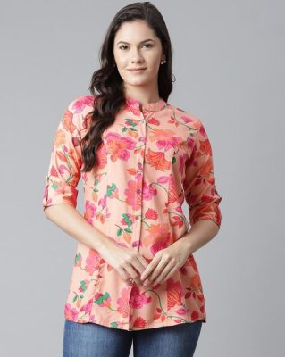 Peach Floral Print Mandarin Collar Top by Divena