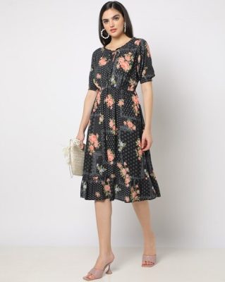 Floral Print Round Neck Fit & Flare Dress