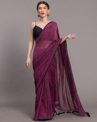 Floral Print Saree with Contrast Border