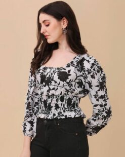 Grey Floral Print Square Neck Top by Sheetal Associates