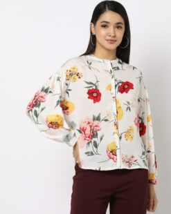 Floral Print Top with Band Collar